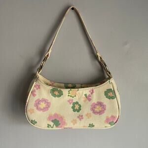 Y2K Floral Girly Limited Too Style Mini Baguette Canvas Bag Beige Pink Green